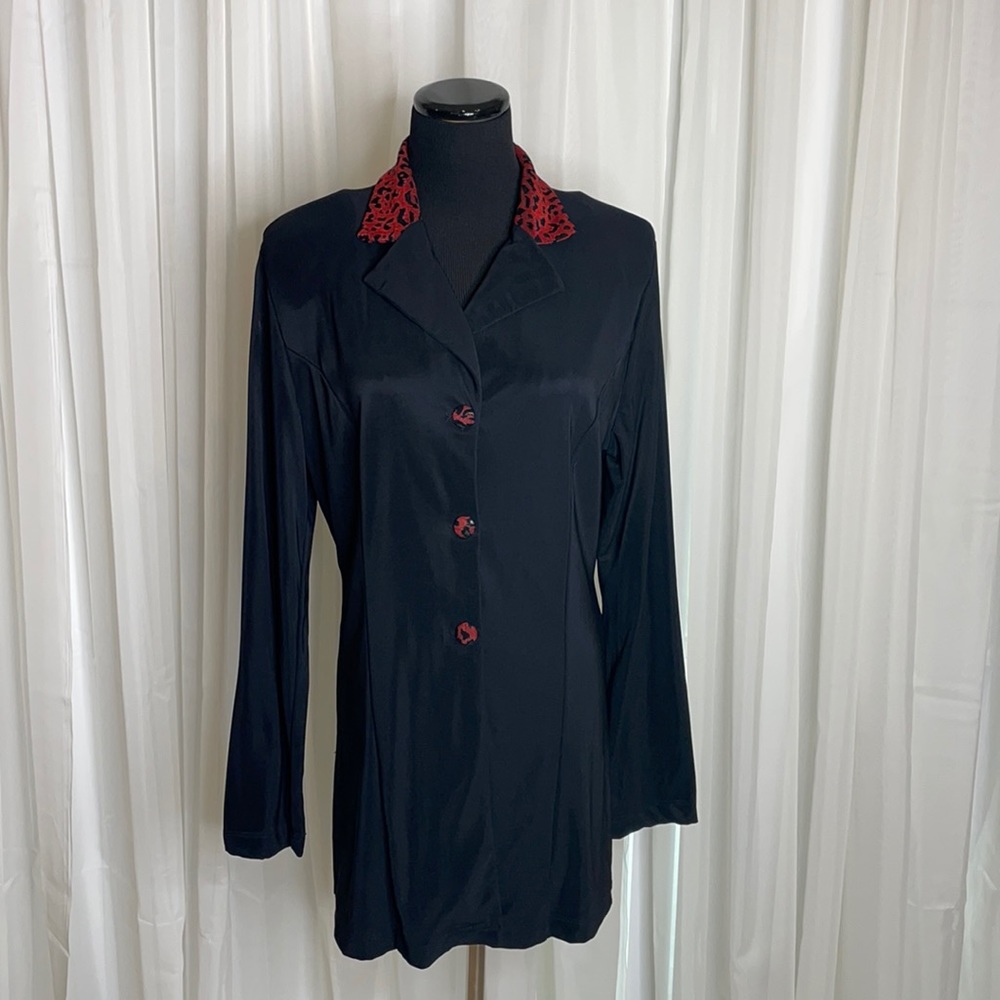 Black Button Up FASHION BUG Blouse with red Animal Print collar and buttons sz M